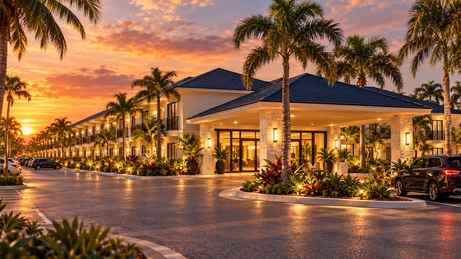 Orlando Adventure Resort main entrance at sunset